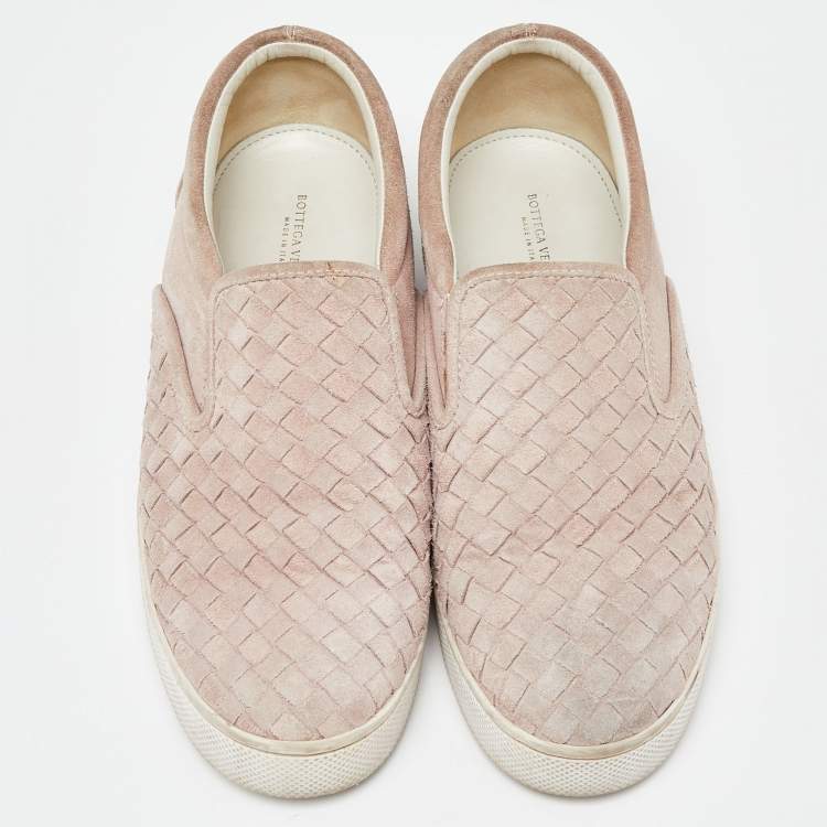 Pre Owned Bottega Veneta Pink Intrecciato Suede Dodger Slip On Sneakers Size 38.5