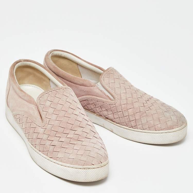 Pre Owned Bottega Veneta Pink Intrecciato Suede Dodger Slip On Sneakers Size 38.5