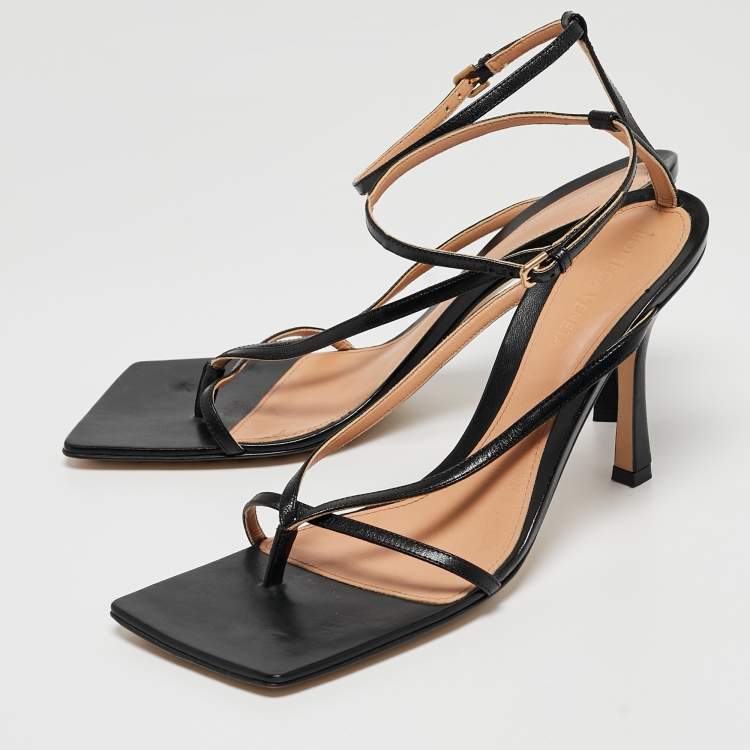 Pre Owned Bottega Veneta Black Leather Stretch Ankle Strap Sandals Size 40.5
