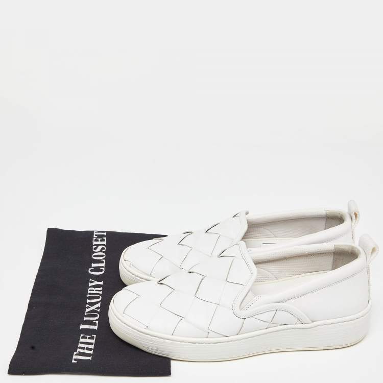 Pre Owned Bottega Veneta White Intrecciato Leather Slip On Sneakers Size 38
