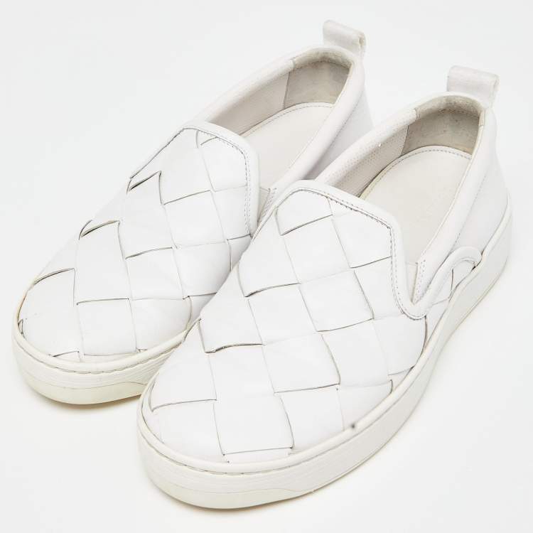 Pre Owned Bottega Veneta White Intrecciato Leather Slip On Sneakers Size 38