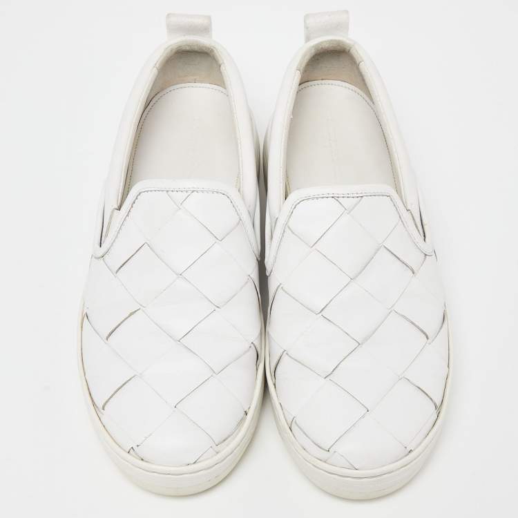 Pre Owned Bottega Veneta White Intrecciato Leather Slip On Sneakers Size 38
