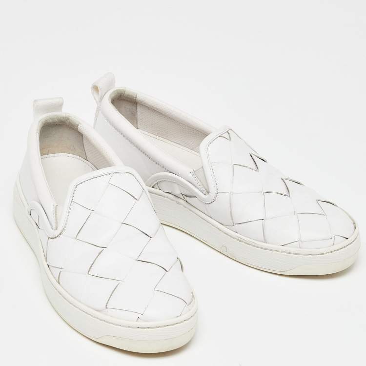 Pre Owned Bottega Veneta White Intrecciato Leather Slip On Sneakers Size 38