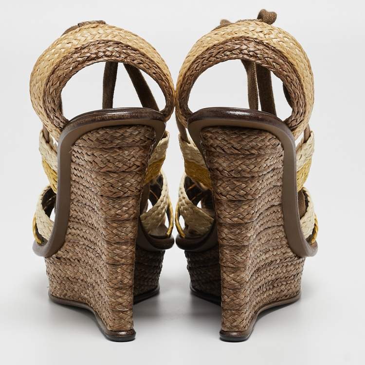 مملوكة مسبقًا Bottega Veneta Multicolor Raffia Platform Ankle Wrap Wedge Sandals Size 39