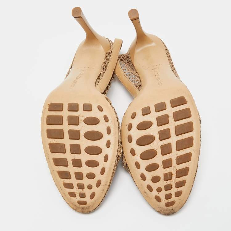 Pre Owned Bottega Veneta Beige Mesh and Leather Ankle Chain D'orsay Pumps Size 38.5