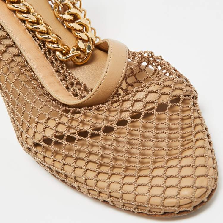 Pre Owned Bottega Veneta Beige Mesh and Leather Ankle Chain D'orsay Pumps Size 38.5