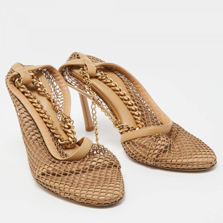 Pre Owned Bottega Veneta Beige Mesh and Leather Ankle Chain D'orsay Pumps Size 38.5