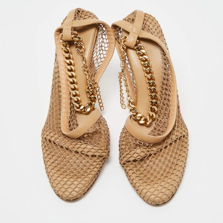 Pre Owned Bottega Veneta Beige Mesh and Leather Ankle Chain D'orsay Pumps Size 38.5
