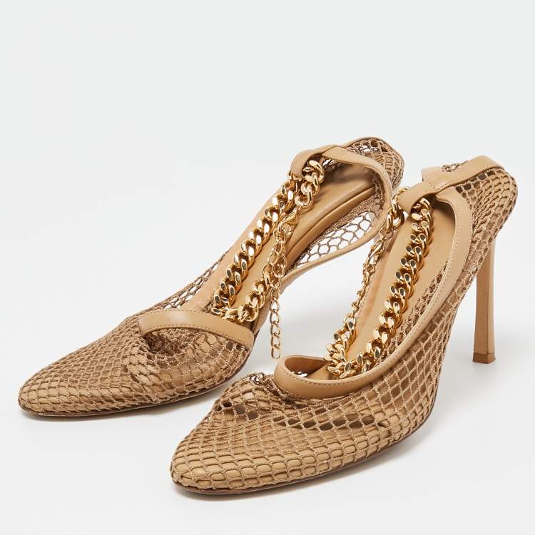 Pre Owned Bottega Veneta Beige Mesh and Leather Ankle Chain D'orsay Pumps Size 38.5