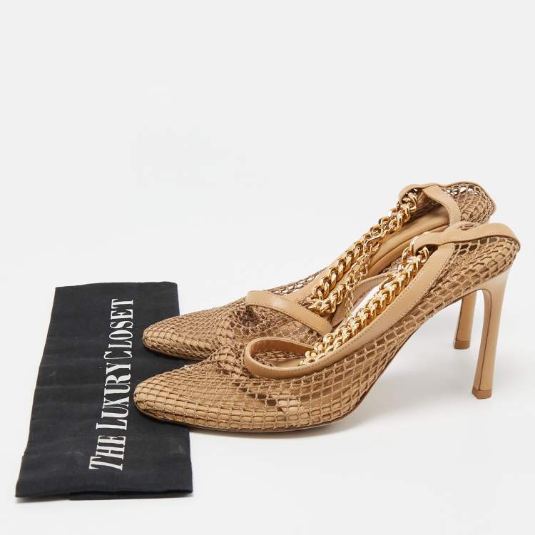 Pre Owned Bottega Veneta Beige Mesh and Leather Ankle Chain D'orsay Pumps Size 38.5