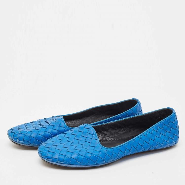 Pre Owned Bottega Veneta Blue Intrecciato Leather Smoking Slippers Size 37