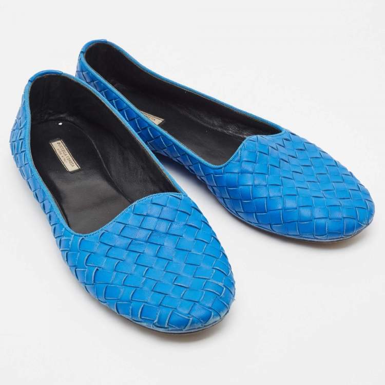 Pre Owned Bottega Veneta Blue Intrecciato Leather Smoking Slippers Size 37