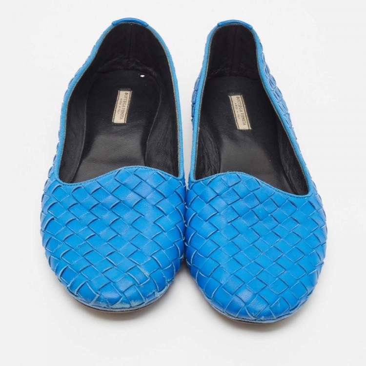 Pre Owned Bottega Veneta Blue Intrecciato Leather Smoking Slippers Size 37