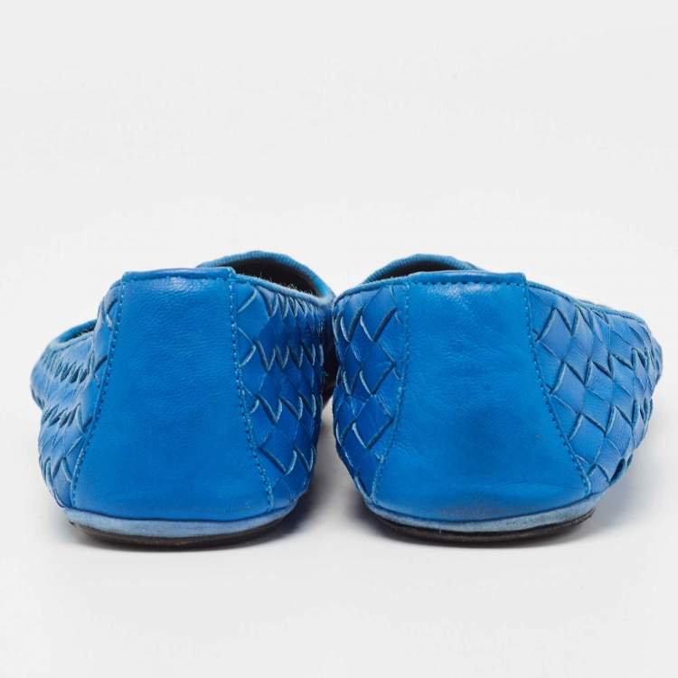 Pre Owned Bottega Veneta Blue Intrecciato Leather Smoking Slippers Size 37