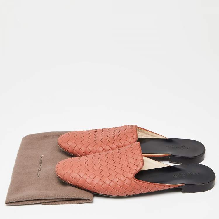 Pre Owned Bottega Veneta Orange Intrecciato Leather Flat Mules Size 39.5