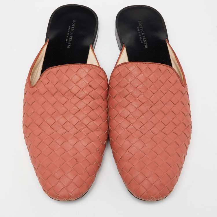 Pre Owned Bottega Veneta Orange Intrecciato Leather Flat Mules Size 39.5
