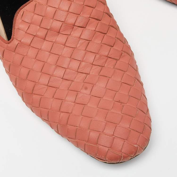 Pre Owned Bottega Veneta Orange Intrecciato Leather Flat Mules Size 39.5