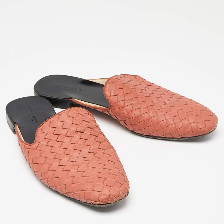 Pre Owned Bottega Veneta Orange Intrecciato Leather Flat Mules Size 39.5