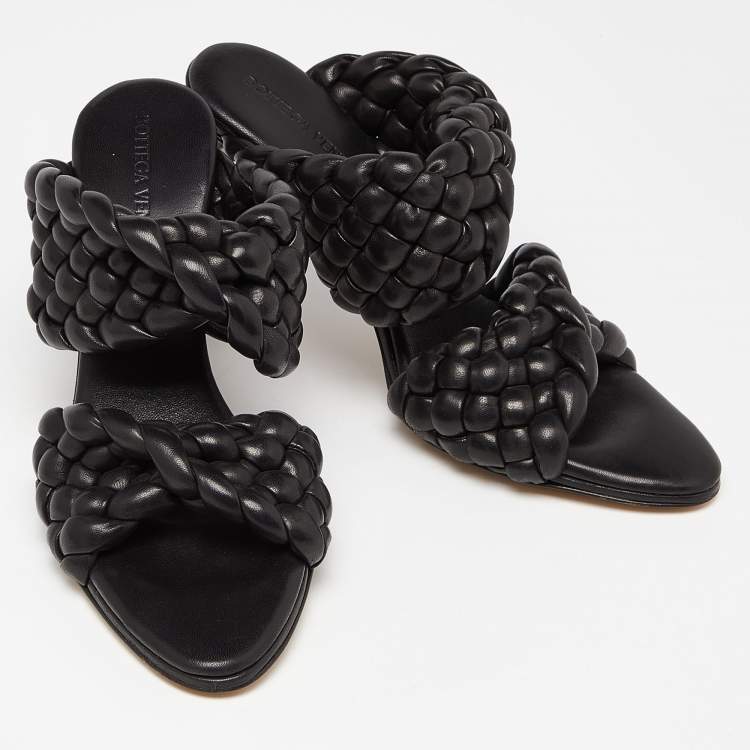 Pre Owned Bottega Veneta Black Intrecciato Leather Curve Slide Sandals Size 37