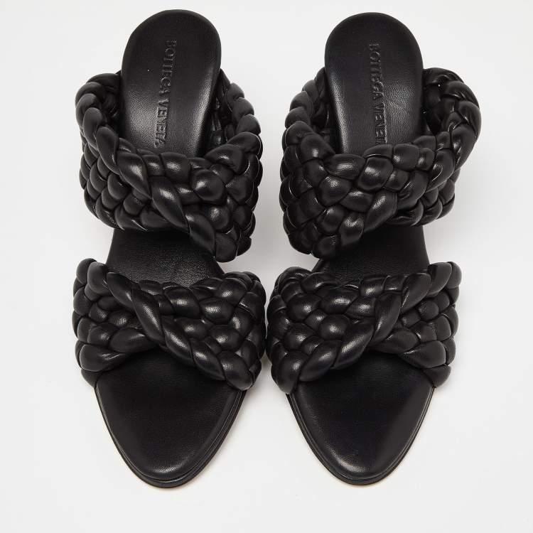 Pre Owned Bottega Veneta Black Intrecciato Leather Curve Slide Sandals Size 37