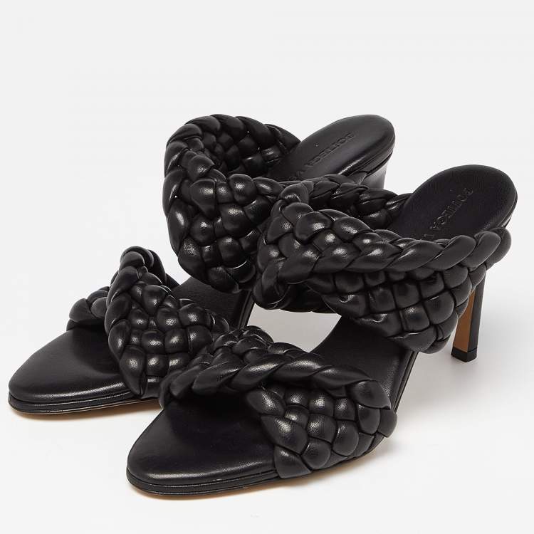 Pre Owned Bottega Veneta Black Intrecciato Leather Curve Slide Sandals Size 37