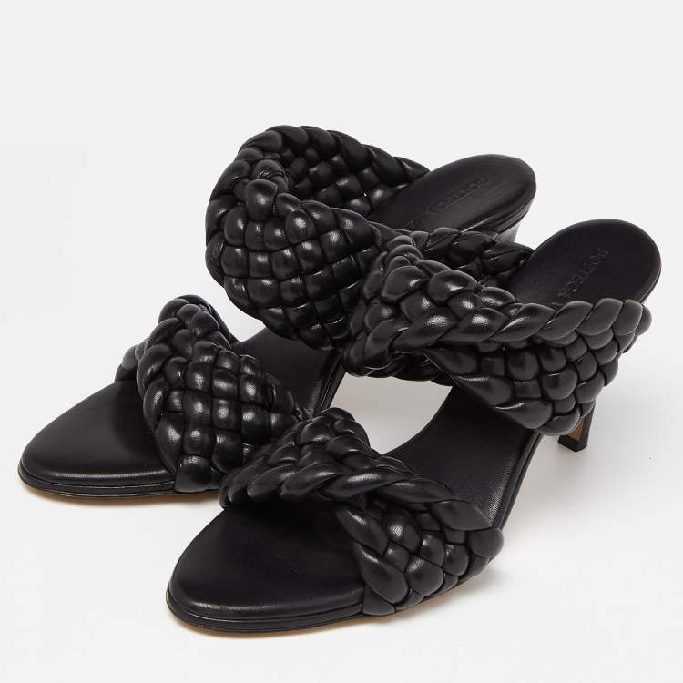 Bottega Veneta Black Intrecciato Leather Curve Slide Sandals Size