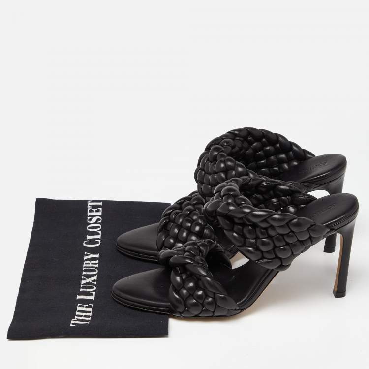 Pre Owned Bottega Veneta Black Intrecciato Leather Curve Slide Sandals Size 39