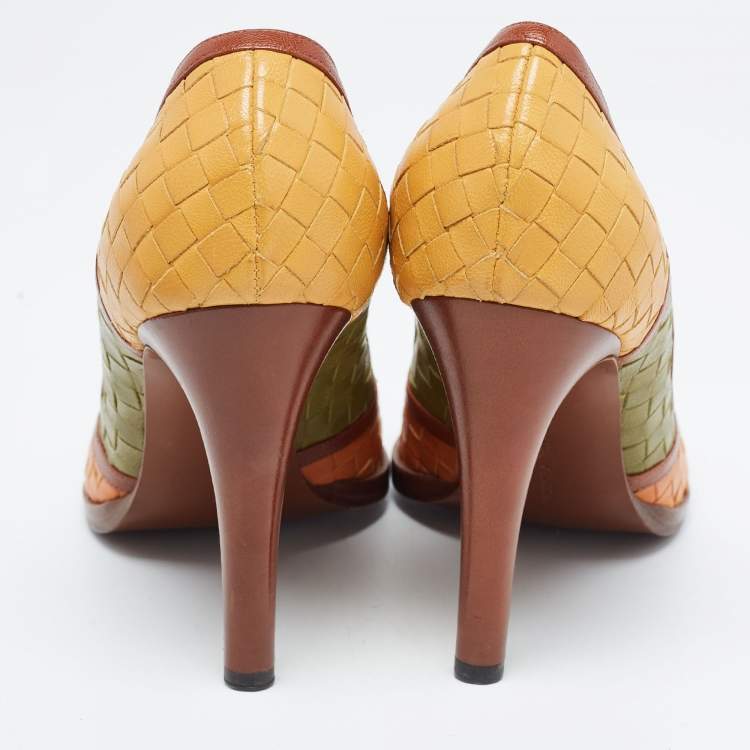 Pre Owned Bottega Veneta Multicolor Woven Leather Peep Toe Pumps Size 40