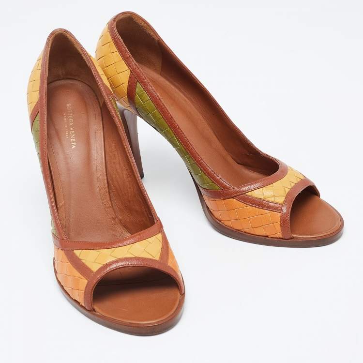Pre Owned Bottega Veneta Multicolor Woven Leather Peep Toe Pumps Size 40