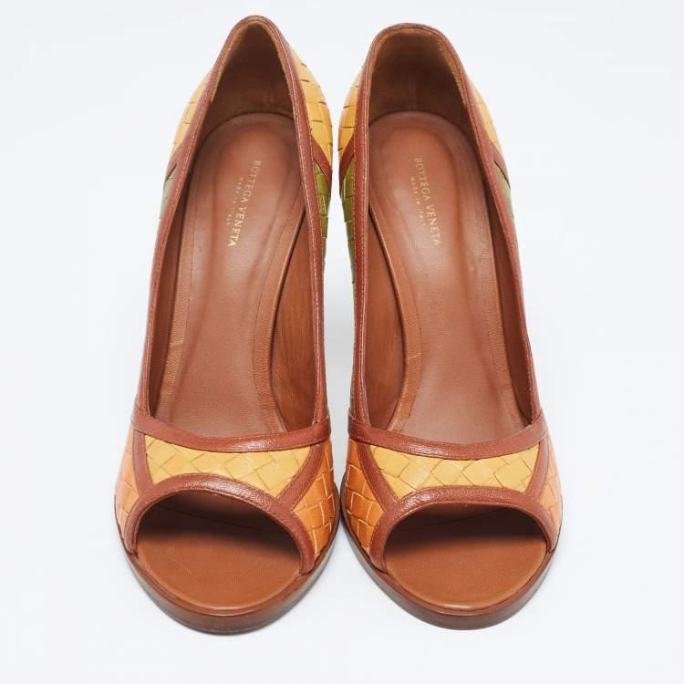 Pre Owned Bottega Veneta Multicolor Woven Leather Peep Toe Pumps Size 40