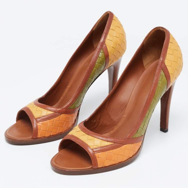Pre Owned Bottega Veneta Multicolor Woven Leather Peep Toe Pumps Size 40