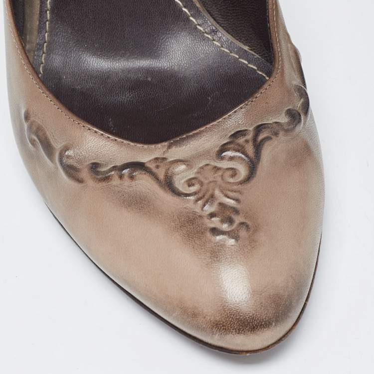 Pre Owned Bottega Veneta Olive Green Leather Round Toe Pumps Size 38.5
