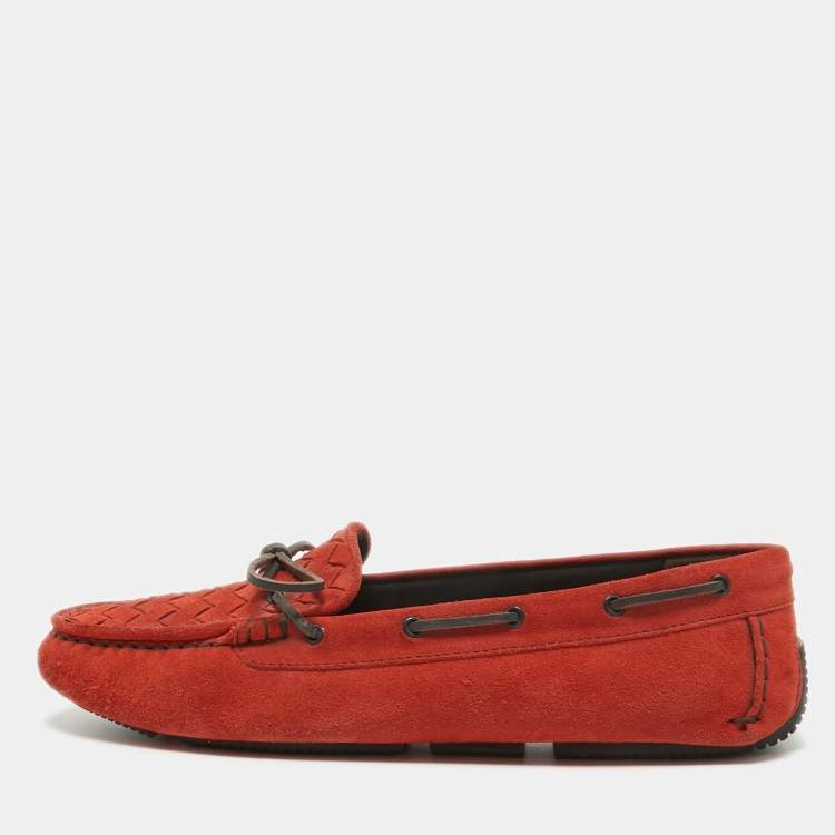 Pre Owned Bottega Veneta Orange Suede Bow Slip On Loafers Size 40.5