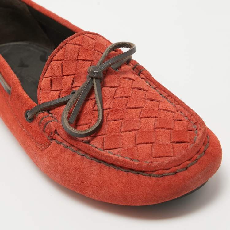 Pre Owned Bottega Veneta Orange Suede Bow Slip On Loafers Size 40.5
