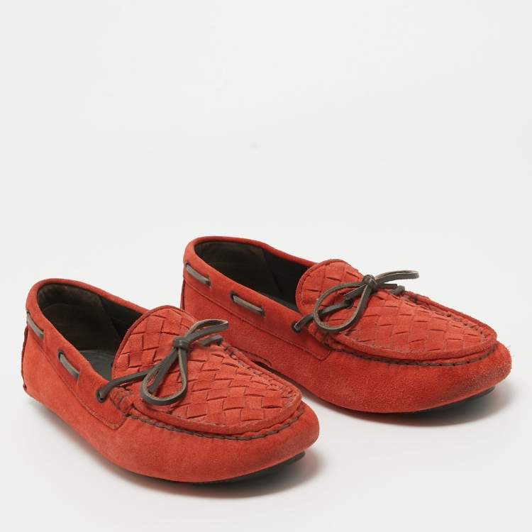 Pre Owned Bottega Veneta Orange Suede Bow Slip On Loafers Size 40.5