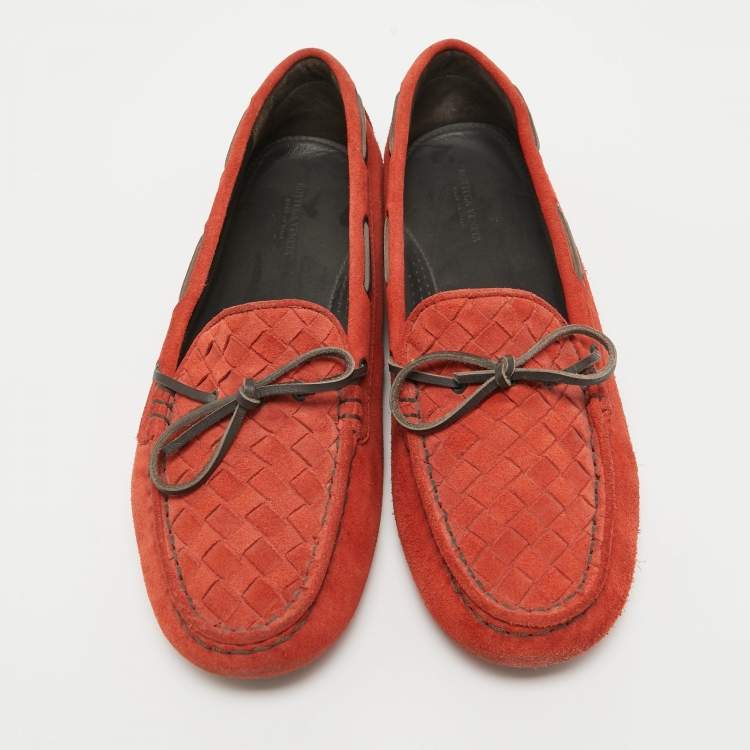 Pre Owned Bottega Veneta Orange Suede Bow Slip On Loafers Size 40.5