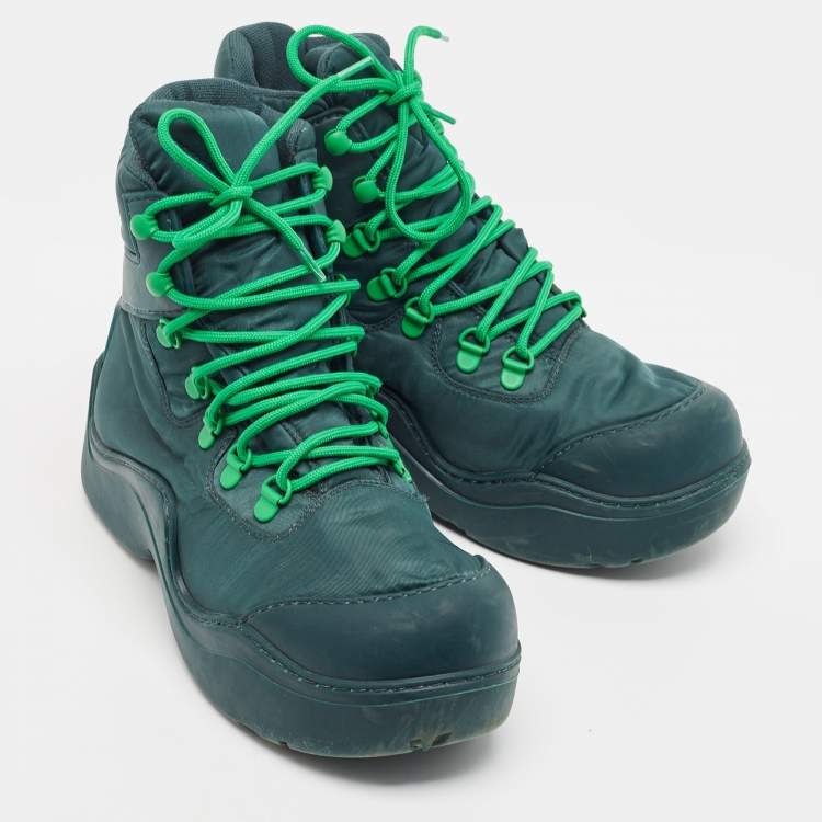 Pre Owned Bottega Veneta Green Nylon Puddle Bomber Lace-Up Boots Size 37
