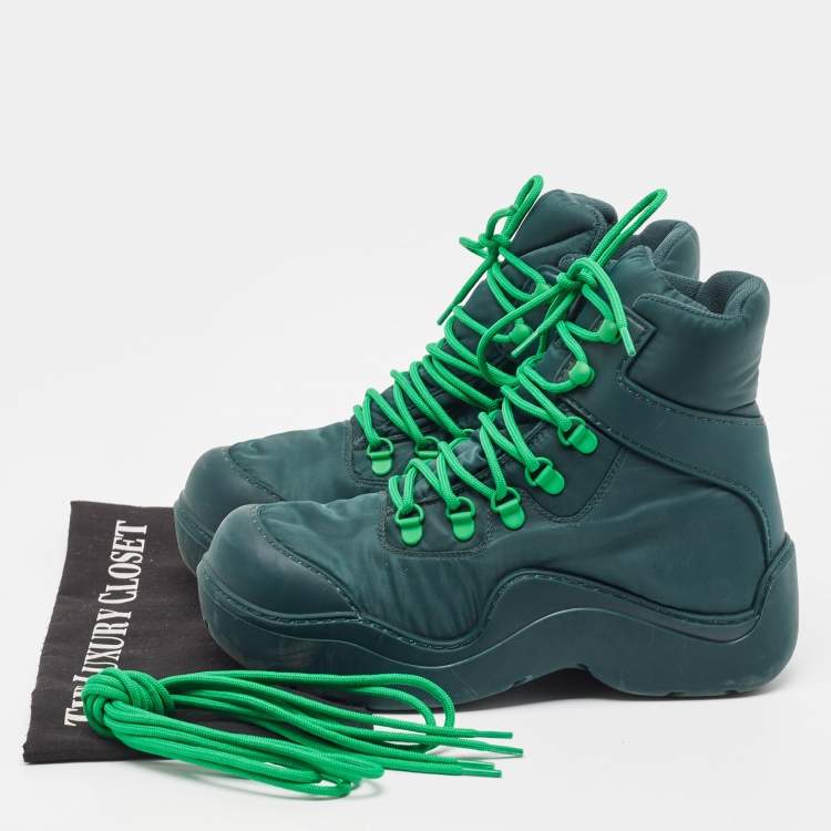 Pre Owned Bottega Veneta Green Nylon Puddle Bomber Lace-Up Boots Size 37