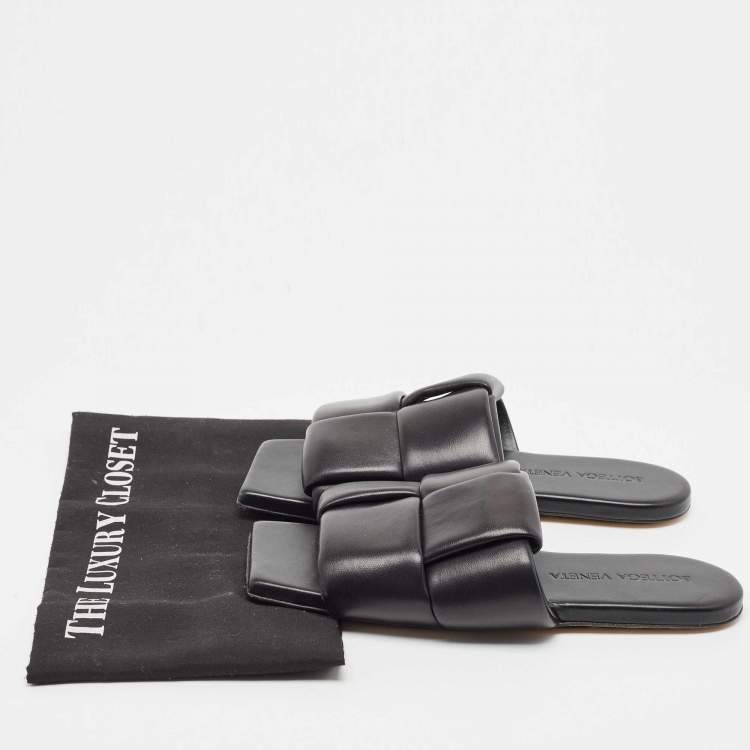 Pre Owned Bottega Veneta Black Leather Patch  Flat Slides Size 37 