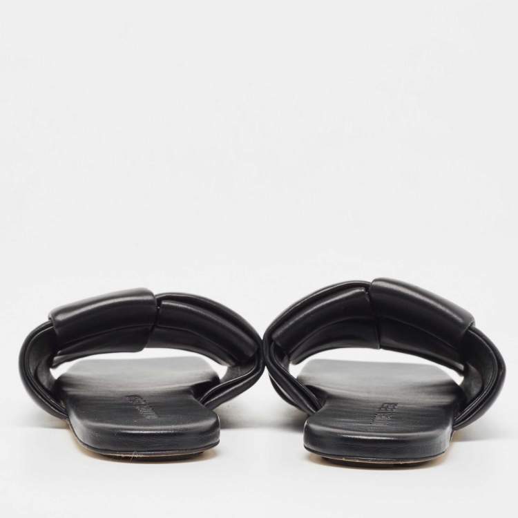 Pre Owned Bottega Veneta Black Leather Patch  Flat Slides Size 37 