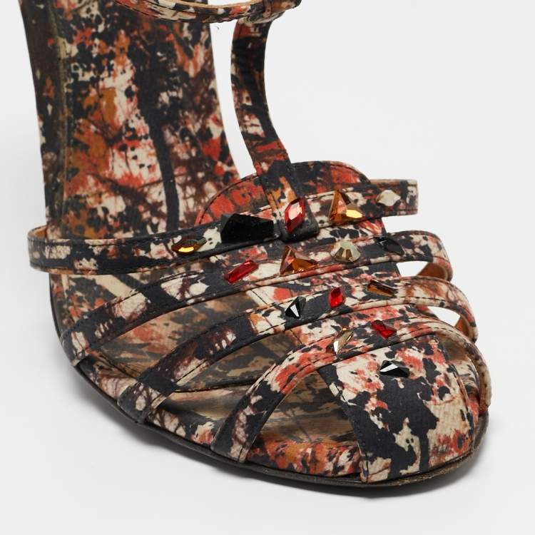 Pre Owned Bottega Veneta Tricolor Printed Satin T-Bar Ankle Strap Sandals Size 40