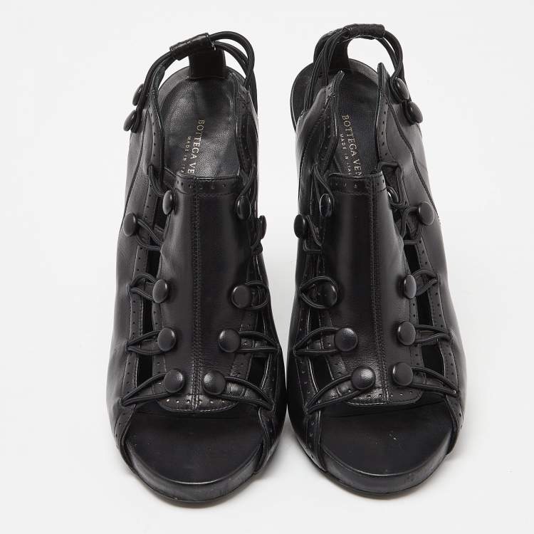 Pre Owned Bottega Veneta Black Leather Button Detail Slingback Sandals Size 38
