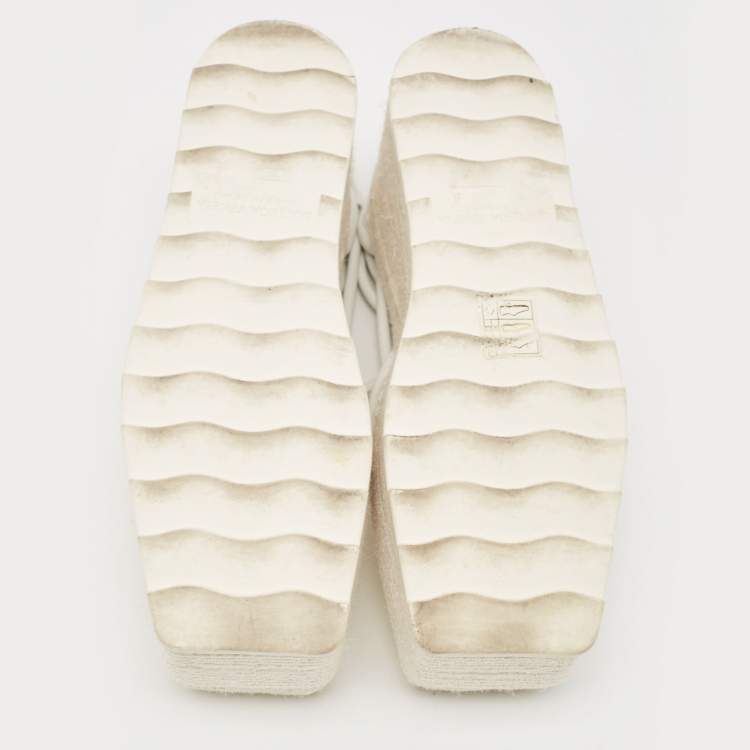 Pre Owned Bottega Veneta White Woven Mesh and Leather Espadrille Wedge Ankle Wrap Sandals Size 39