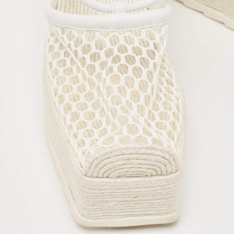 Pre Owned Bottega Veneta White Woven Mesh and Leather Espadrille Wedge Ankle Wrap Sandals Size 39
