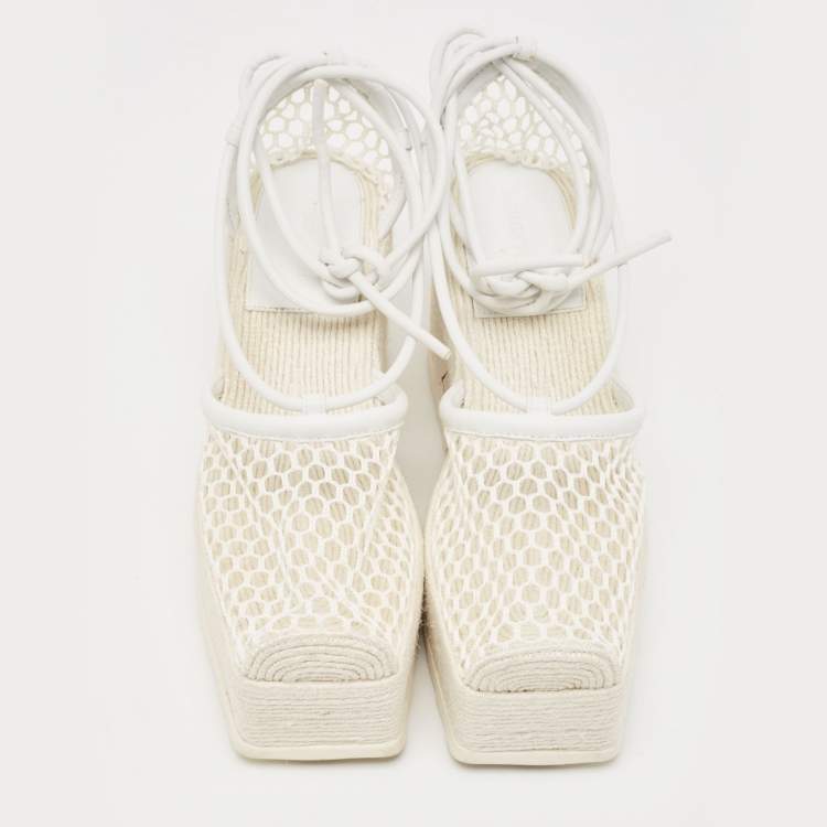Pre Owned Bottega Veneta White Woven Mesh and Leather Espadrille Wedge Ankle Wrap Sandals Size 39