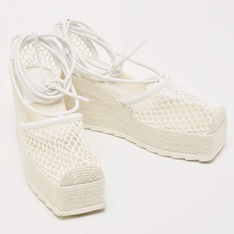 Pre Owned Bottega Veneta White Woven Mesh and Leather Espadrille Wedge Ankle Wrap Sandals Size 39
