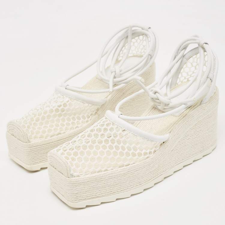 Pre Owned Bottega Veneta White Woven Mesh and Leather Espadrille Wedge Ankle Wrap Sandals Size 39