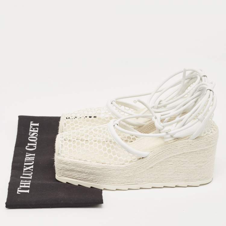 Pre Owned Bottega Veneta White Woven Mesh and Leather Espadrille Wedge Ankle Wrap Sandals Size 39