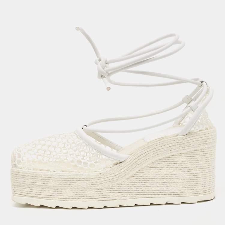 Pre Owned Bottega Veneta White Woven Mesh and Leather Espadrille Wedge Ankle Wrap Sandals Size 39