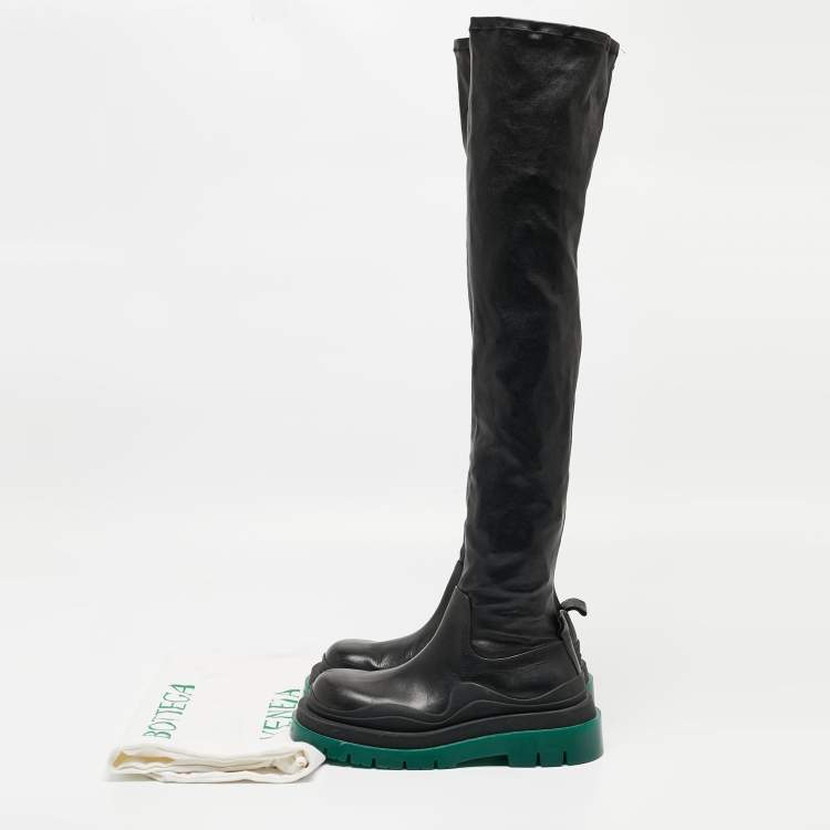 Pre Owned Bottega Veneta Black Leather Lug Sole Knee Length Boots Size 39